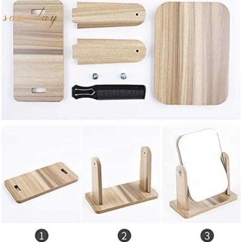 Wooden Tabletop Mirror (Category: Mirrors) located in Manila. Submitted by pandakto (Listing ID 1415733874, Image 2). Description: - Wooden tabletop mirror - Rectangular mirror surface - Natural wood frame - Sturdy base - Adjustable side supports for tilting - Ideal for makeup application or decoration - Easy assembly (as shown in images) - Needs cleaning.