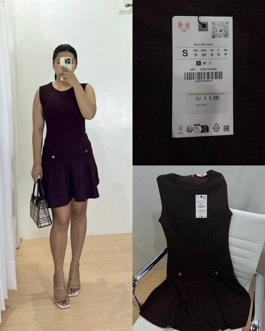 Zara Tweed Mini Dress (Category: Dresses) located in Batac City. Submitted by decluoset (Listing ID 1415781994, Image 1). Description: 2 Colors available 1 Maroon Knitted Mini Dress Size S 1 Emerald Green Knitted Mini Dress Size S *Pls note that this is color emerald green, looks black only on the picture* ₱1400 each Model Reference Size - S-Semi Med Bust - 36” Waistline - 27-28 Height - 5’2 ❌ STRICTLY NO JOY MINERS.