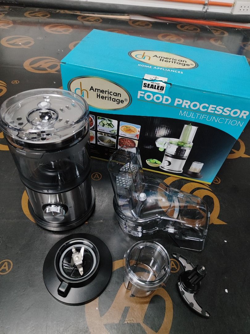 American Heritage Multifunction Food Processor (Category: Juicers, Blenders & Grinders) located in Caloocan City. Submitted by tckingdom_2 (Listing ID 1415856540, Image 1). Description: - American Heritage multifunction food processor - Includes multiple attachments - Brand new, sealed box - Complete set, ready for use - Perfect for chopping, slicing, and various food preparations - A versatile kitchen appliance.