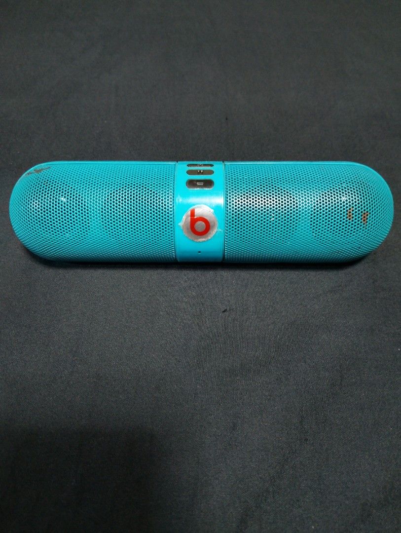Beats Pill+ Bluetooth Speaker - Teal (Category: Soundbars, Speakers & Amplifiers) located in Manila. Submitted by boyhet.thrift15 (Listing ID 1415981145, Image 1). Description: - Teal Beats Pill+ Bluetooth speaker - Features USB port, aux input, and charging port - Power button and volume controls - Visible Beats logo - Minor wear on the bottom -(clone version)selling 400.