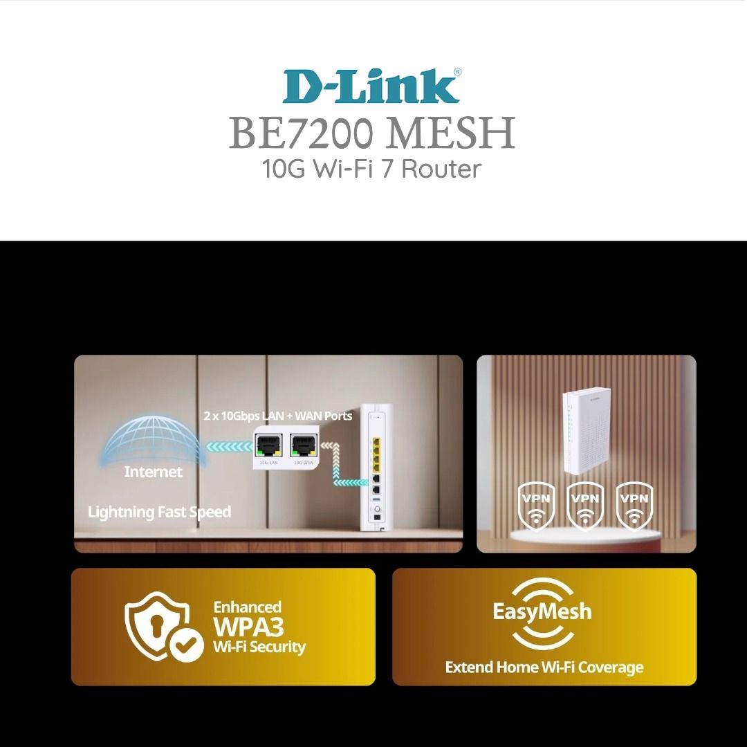 D-Link BE7200 MESH 10G Wi-Fi 7 Router, Computers & Tech, Parts ...