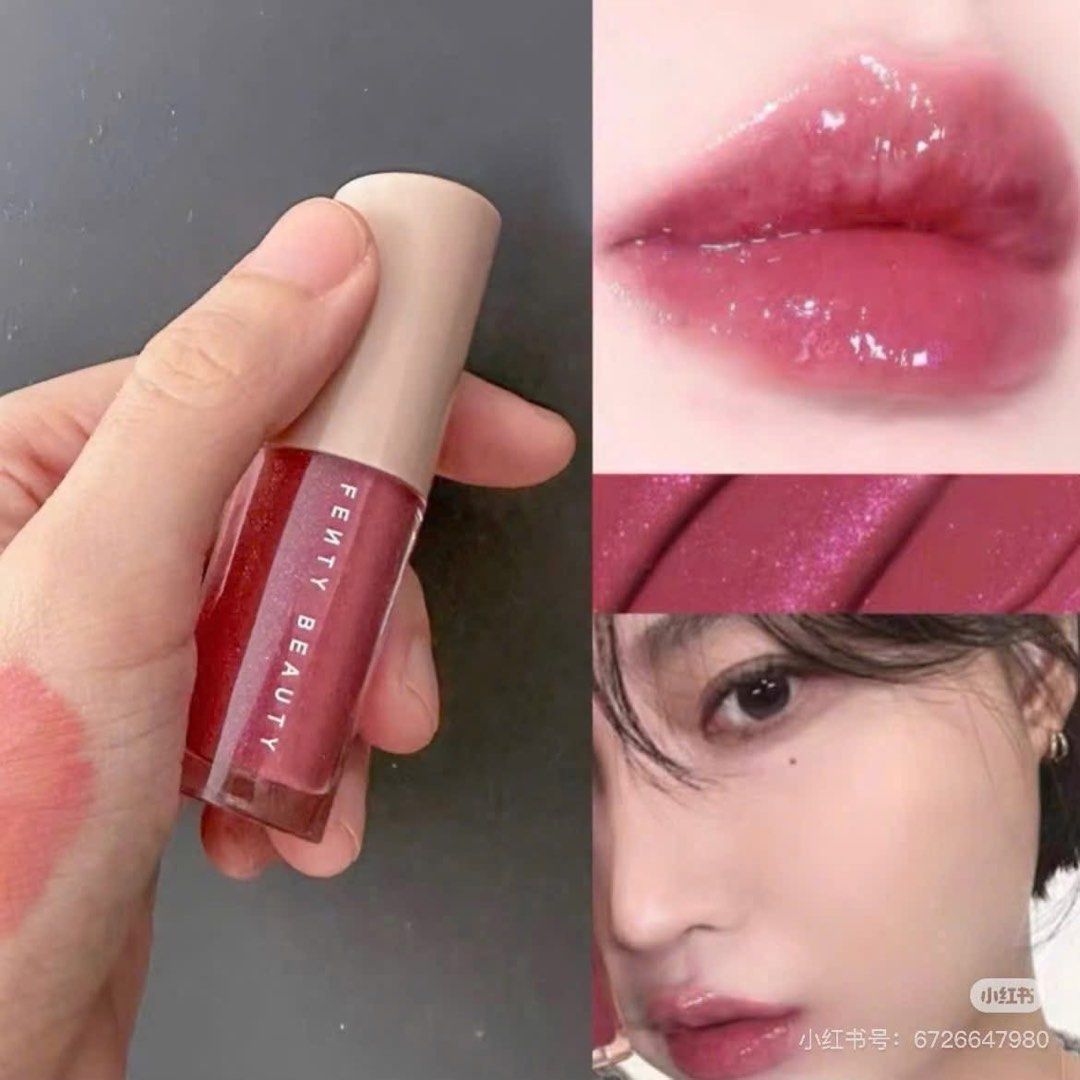 Fenty Beauty Gloss Bomb Universal Lip Luminizer (mini) (Category: Makeup) located in Paranaque City. Submitted by gramilles (Listing ID 1415848278, Image 2). Description: - Fenty Beauty Gloss Bomb Universal Lip Luminizer - Shade: 08 Riri - Size: 2ml / 0.07 fl. oz. - Provides a shiny, reddish-pink finish - Clear tube with light brown cap - Shown applied on lips.