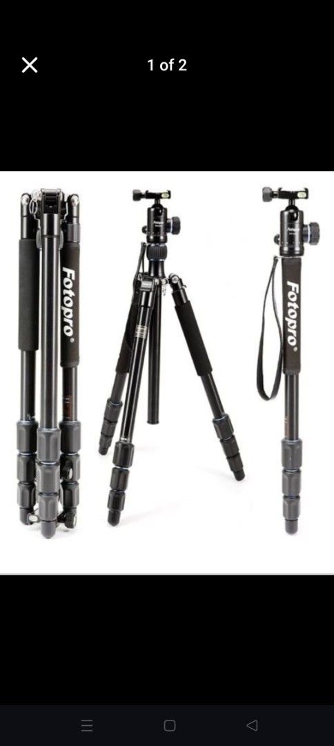 RUSHHH!! Fotopro Tripod (Category: Tripods & Monopods) located in Caloocan City. Submitted by royaltiger-22e15a (Listing ID 1415943377, Image 1). Description: - Fotopro tripod for cameras and smartphones - Adjustable legs for versatile positioning - Ball head for easy angle adjustments - Lightweight and portable design - Black color - Comfortable foam padding on legs - Includes a carrying strap for easy transport Free 3 camera tripod.
