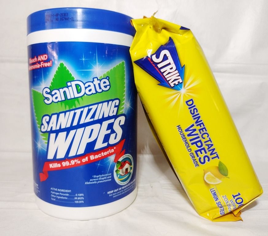Household Disinfectant Wet Wipes bundle (Category: Cleaning Tools & Supplies) located in Quezon City. Submitted by mondy_mond (Listing ID 1415911699, Image 1). Description: Reason For Selling (RFS): Overstock This Household Disinfectant Wet Wipes bundle... *Sanidate Sanitizing Wipes made in U.S.A. *Strike Disinfectant Wipes is American brand, but item from Australia *Sanidate wipes kill bacteria on contact -- Needs no rinsing or scrubbing after s