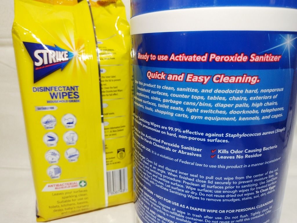 Household Disinfectant Wet Wipes bundle (Category: Cleaning Tools & Supplies) located in Quezon City. Submitted by mondy_mond (Listing ID 1415911699, Image 3). Description: Reason For Selling (RFS): Overstock This Household Disinfectant Wet Wipes bundle... *Sanidate Sanitizing Wipes made in U.S.A. *Strike Disinfectant Wipes is American brand, but item from Australia *Sanidate wipes kill bacteria on contact -- Needs no rinsing or scrubbing after s