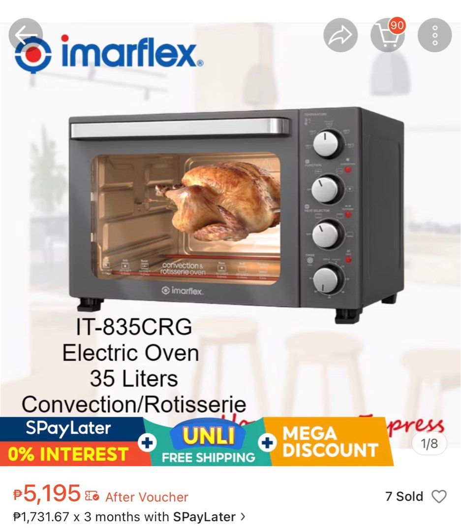 Imarflex IT-835CRG Electric Oven 35 Liters (Category: Ovens & Toasters) located in Taguig. Submitted by boterb (Listing ID 1415968028, Image 2). Description: - Never been used/opened - nakatago na lang sa bahay, hindi nagagamit sayang naman - taking too much space Original price ₱5,195 (see screenshot) Slightly negotiable, just send a message 🙏🏻.