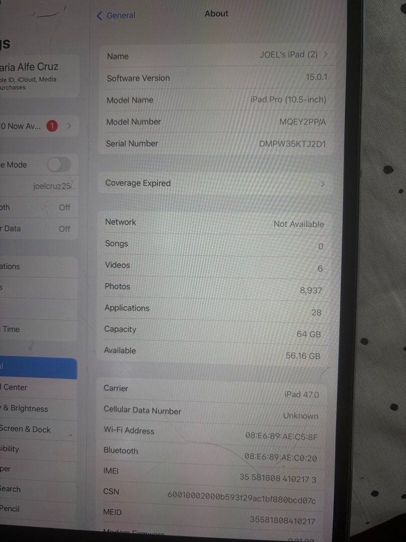 Ipad Pro 10.5 (Category: iPad) located in Makati City. Submitted by joelcruz25 (Listing ID 1415851173, Image 3). Description: Ipad Pro 10.5 inch.