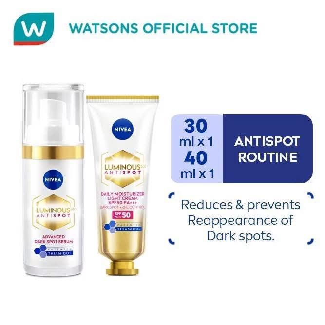 NIVEA FACE CARE LUMINOUS 630 SPOT CLEAR (Category: Face Care) located in Malabon City. Submitted by brendalaine (Listing ID 1415991479, Image 3). Description: ￼NIVEA Face Care LUMINOUS 630 SPOTCLEAR Set: Serum, 30ml+Sun Protect SPF50 & hyaluronic acid 40ml ₱1219 market price ₱850 na lang sakin ₱6,800 per box (12pcs) Original nivea rin to.