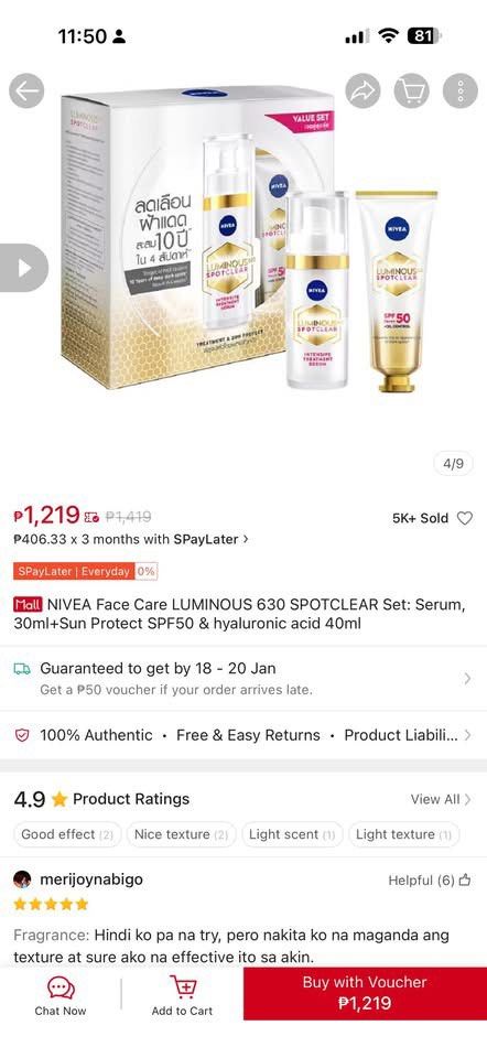 NIVEA FACE CARE LUMINOUS 630 SPOT CLEAR (Category: Face Care) located in Malabon City. Submitted by brendalaine (Listing ID 1415991479, Image 2). Description: ￼NIVEA Face Care LUMINOUS 630 SPOTCLEAR Set: Serum, 30ml+Sun Protect SPF50 & hyaluronic acid 40ml ₱1219 market price ₱850 na lang sakin ₱6,800 per box (12pcs) Original nivea rin to.