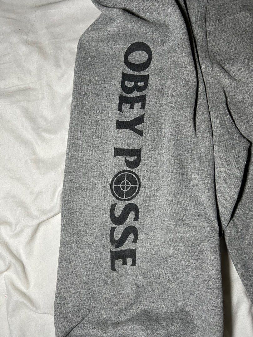 Obey Posse Sweatpants - Gray - Large (Category: Joggers) located in Manila. Submitted by tonsdeclutter (Listing ID 1415943117, Image 2). Description: Gray Obey Posse sweatpants with drawstring - Features the Obey Posse logo printed on the side of the legs - Large - Made of a cotton and polyester blend - Issue: There are some paint stains on the pants - The tag is visible in the images -selling for PHP 180 + sf.
