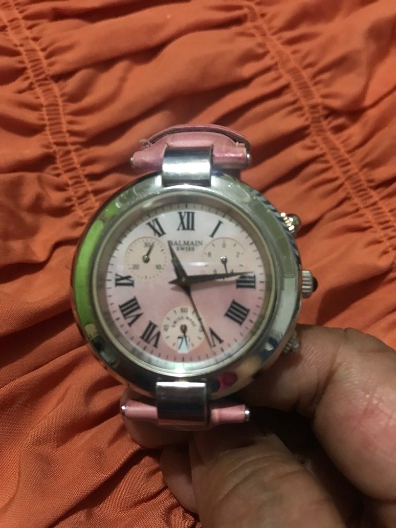Pierre Balmain Swiss Made Watch (Category: Luxury Watches) located in Quezon City. Submitted by zacblum (Listing ID 1415994485, Image 1). Description: - Pierre Balmain Swiss Made watch - Pink face - Leather strap - Roman numeral hour markers - Chronograph subdials - Stainless steel case - Engraved "Swiss Made".