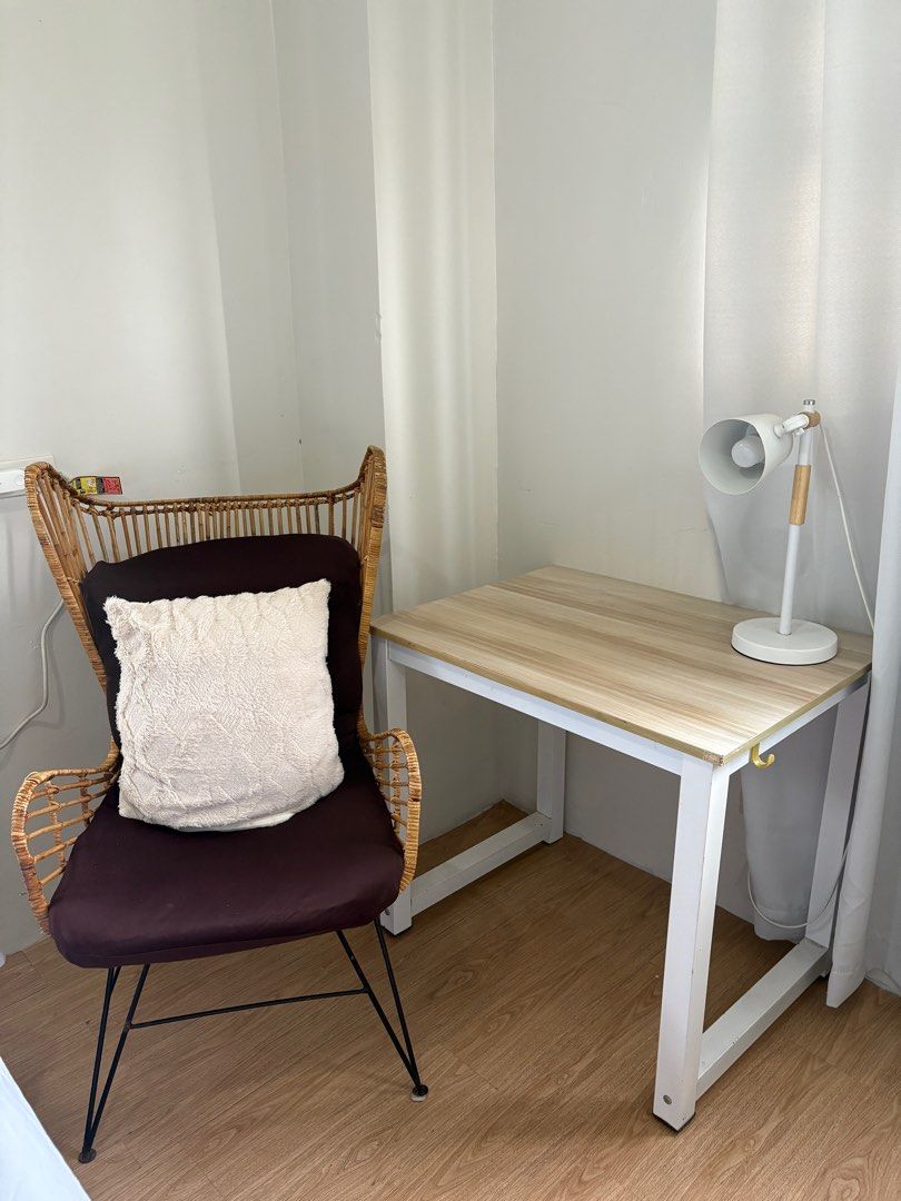 RUSH Rattan Wicker Chair with Cushion (Category: Chairs) located in Quezon City. Submitted by wolfkeith (Listing ID 1415873883, Image 1). Description: Locally made stylish rattan wicker chair Includes: -free foldable seat cushion with 2 washable covers - fluffy white pillow with washable cover Features: - Unique high-back design - Black metal legs - Adds a touch of bohemian style - Sturdy and well-constructed Also selling table and lamp as a set 