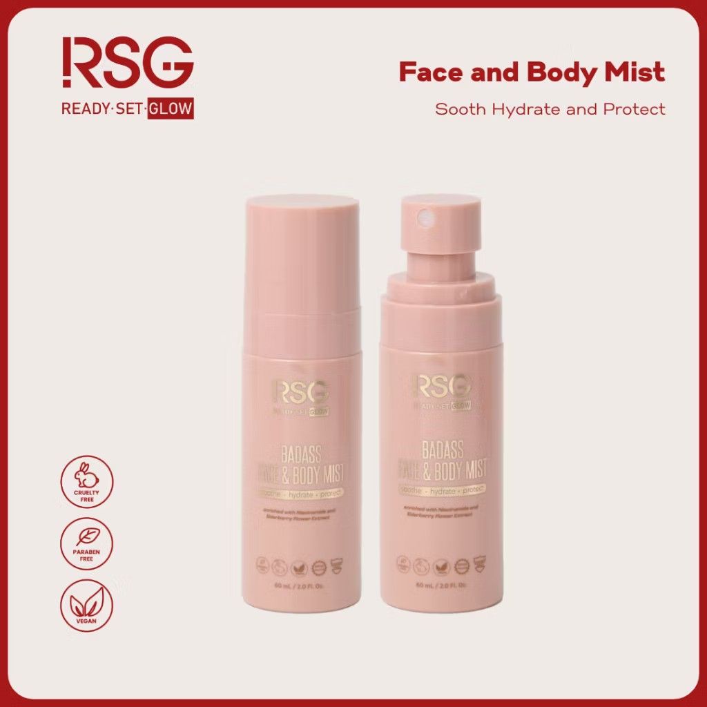 RSG Badass Face and Body Mist (Category: Face Care) located in Pasay City. Submitted by cindyssssss (Listing ID 1415970816, Image 1). Description: - RSG Badass Face & Body Mist - Soothes, hydrates, and protects skin - Vegan and cruelty-free - Contains niacinamide and hyaluronic acid - Size: 50 ml / 1.6 fl oz - used once.