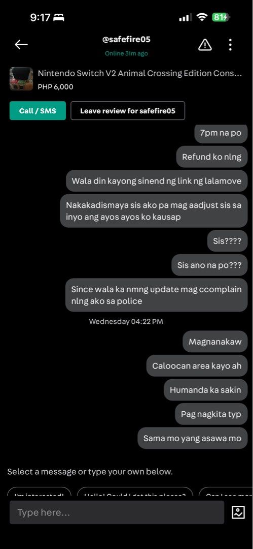 Scam Nitendo switch V2 Animal Crossing (Category: Other Gadgets) located in Mandaluyong City. Submitted by euloves (Listing ID 1415955955, Image 3). Description: Kung Sino man nakakakilala sa mag asawang to plsss paki message ako handa akong mag sampa ng kaso sa kanila. Kung sino pa na scam nila please pa msg ako and kung may alam kayong information about jan sa OLIVER CANARIS na yan na taga Cavite daw pero ang location nila sa Carousell CALOOCAN