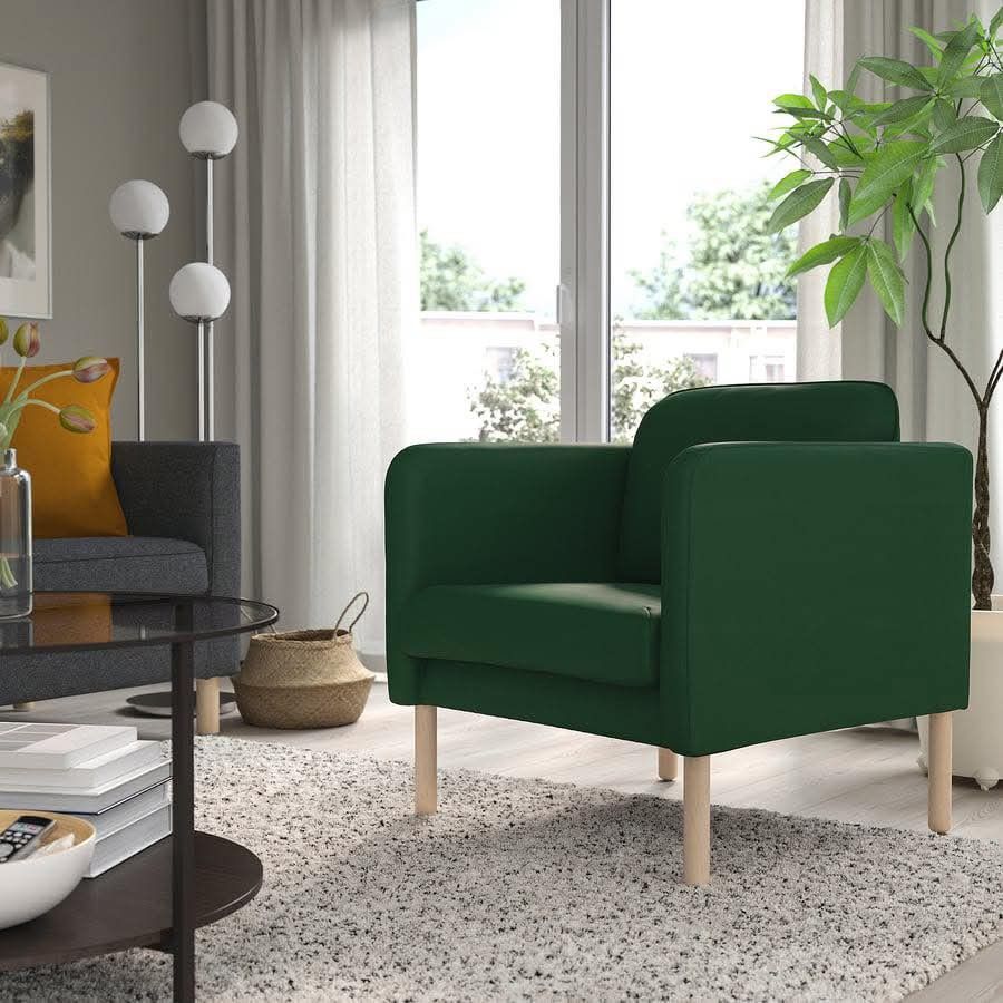 Single Sofa (Category: Sofas) located in Meycauayan. Submitted by marygracecasimiro (Listing ID 1415918770, Image 3). Description: IKEA Viskabacka Modern Single Seater Sofa ORIGINAL IKEA PRODUCT Colorway : Vissle Dark Green Washable and Removable Fabric Price : 7k *VIDEO ON COMMENT 28L x 29W x 15H seat height inches Sandalan height 28 inches In VERY good condition 💚.