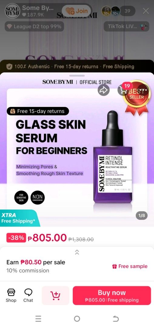 Some By Mi Retinol Intense Reactivating Serum (Category: Face Care) located in Taguig. Submitted by RetroStella (Listing ID 1415940380, Image 2). Description: Some By Mi Retinol Intense Reactivating Serum. This serum is designed to minimize pores and smooth rough skin texture. It contains Retinol 0.1% and Panthenol 5,000 PPM. The product is 30ml. It is suitable for beginners. Free 15-day returns and free shipping are available..