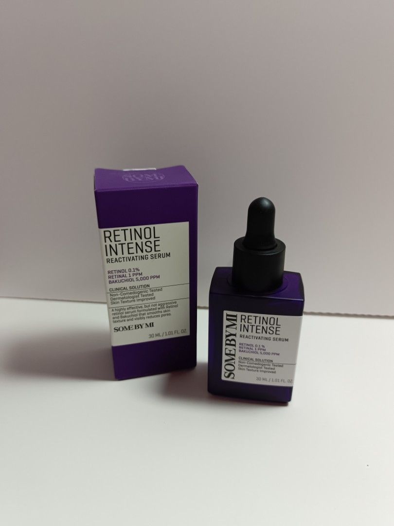 Some By Mi Retinol Intense Reactivating Serum (Category: Face Care) located in Taguig. Submitted by RetroStella (Listing ID 1415940380, Image 1). Description: Some By Mi Retinol Intense Reactivating Serum. This serum is designed to minimize pores and smooth rough skin texture. It contains Retinol 0.1% and Panthenol 5,000 PPM. The product is 30ml. It is suitable for beginners. Free 15-day returns and free shipping are available..