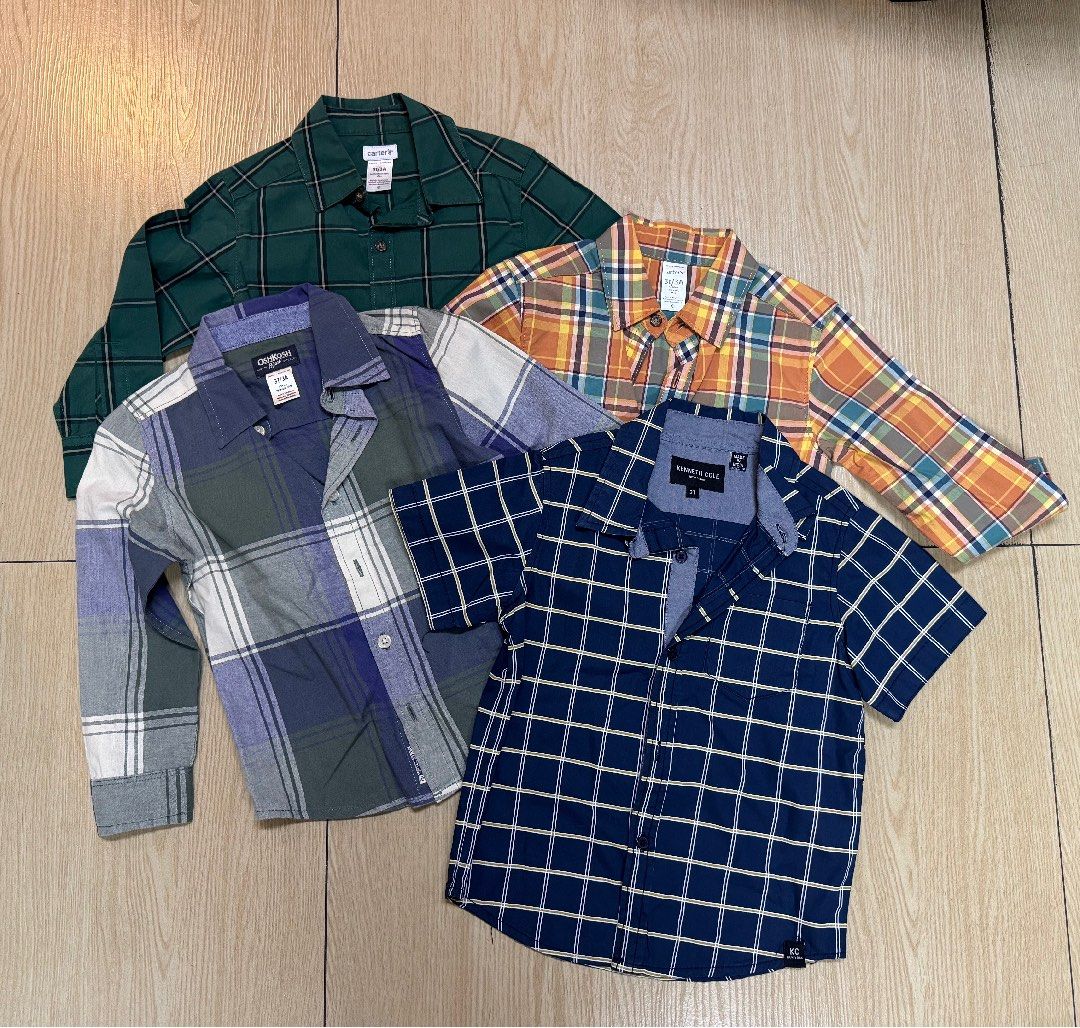 Take All: Branded Polos for Toddlers Size 3 (Category: Babies & Kids Fashion) located in Pasig City. Submitted by extrac (Listing ID 1415903205, Image 1). Description: Take all: Toddler plaid shirt bundle - Includes shirts from Carter's, Oshkosh B'gosh, and Kenneth Cole - Size: 3T - Features various plaid patterns (green, blue, orange, etc.) - Button-down closures - Collared necks - Perfect for everyday wear.