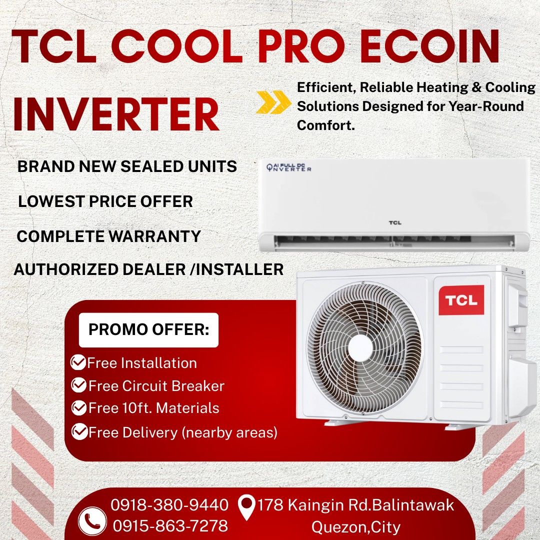 TCL COOL PRO ECOIN INVERTER SPLIT TYPE AIRCON (Category: Air Conditioning and Heating) located in Quezon City. Submitted by airconph. (Listing ID 1415842562, Image 1). Description: SALE‼️ Affordable Split Type AC Inverter 💯Brand New and Factory Sealed Unit ✔️Complete Reciept and Warranty ✔️Guaranteed Lower Price than Mall ✔️Same Day Delivery Installation 💥TCL COOL PRO ECOIN INVERTER Model: ▪️1.0hp - TAC-10CSD/KEI-S ▪️1.5hp - TAC-13CSD/KEI-S ▪️2