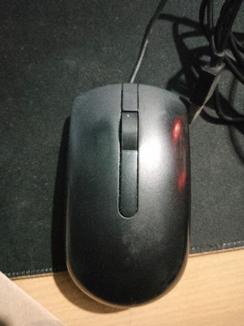 The Dell MS116 Optical Mouse (Category: Mouse & Mousepads) located in Mandaluyong City. Submitted by eyji569 (Listing ID 1415977287, Image 2). Description: - Dell wired mouse - Standard two-button design - Features a scroll wheel - Color: Black - Wired connection.
