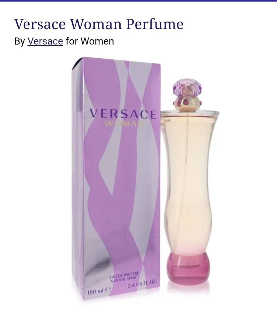 Versace Woman Perfume 30ml (Category: Fragrance & Deodorants) located in Taguig. Submitted by mariafeortega26 (Listing ID 1415841333, Image 1). Description: - Versace Woman Eau de Parfum - from Canada shoppers - Pink bottle and cap - Purple and silver box txt or call me for discount @09367810919.