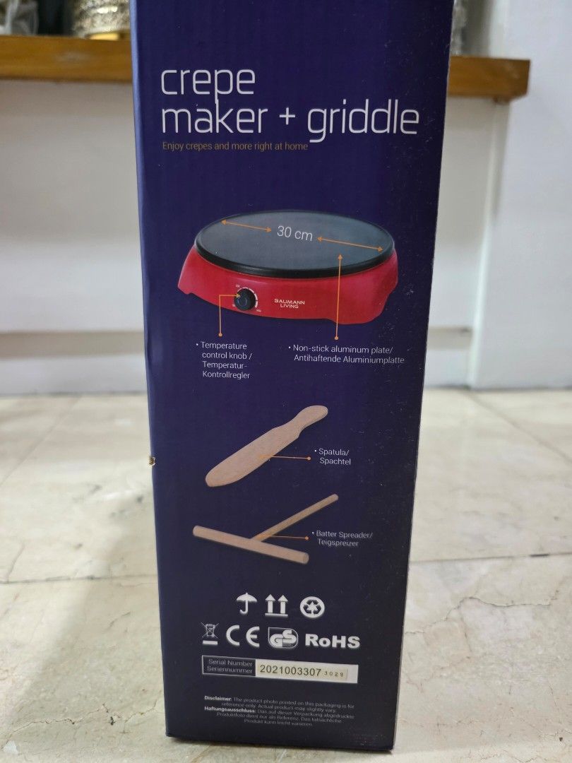 Baumann Living Crepe Maker and Griddle (Category: Cookware & Accessories) located in Quezon City. Submitted by tulipfield88 (Listing ID 1416156622, Image 2). Description: - Baumann Living crepe maker and griddle - 30cm cooking surface - Includes spreader and spatula - Easy temperature control - Model: BM-J833K - box is opened but never used.