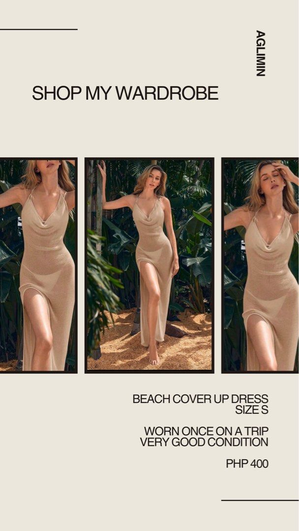 Beach Cover Up Dress - Size S (Category: Dresses) located in Mabalacat. Submitted by favewears (Listing ID 1416176771, Image 1). Description: - Beach cover-up dress - Size: S - Features: Cowl neckline, thigh-high slit - Condition: Very good (worn once) - Perfect for beach getaways.