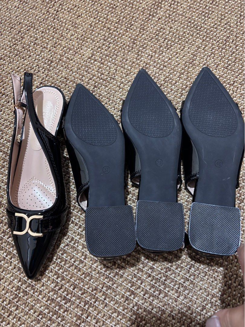 Black Slingback Heels (Category: Heels) located in Caloocan City. Submitted by stuff_shop (Listing ID 1416120992, Image 3). Description: - Black slingback heels - Pointed toe design - Gold buckle detail - Block heel - Adjustable strap - Sizes: 37.