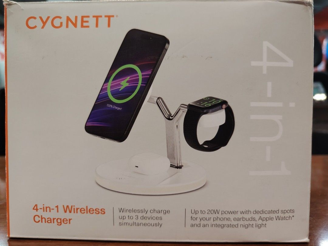 Cygnett 4-in-1 Wireless Charger (Category: Chargers & Cables) located in Manila. Submitted by riley1205 (Listing ID 1416043774, Image 3). Description: - 4-in-1 wireless charging for phone, earbuds, and Apple Watch. - Includes USB-C to USB-C cable and wall adapter. - Features an integrated night light. - Designed for bedside organization..