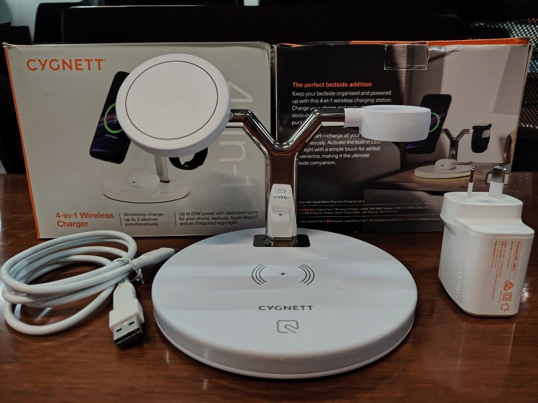 Cygnett 4-in-1 Wireless Charger (Category: Chargers & Cables) located in Manila. Submitted by riley1205 (Listing ID 1416043774, Image 2). Description: - 4-in-1 wireless charging for phone, earbuds, and Apple Watch. - Includes USB-C to USB-C cable and wall adapter. - Features an integrated night light. - Designed for bedside organization..