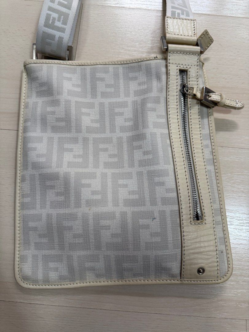 Fendi FF Logo Crossbody Bag (Category: Luxury Bags & Wallets) located in San Juan City. Submitted by ltb168 (Listing ID 1416102124, Image 2). Description: - Fendi crossbody bag - Iconic FF logo pattern - Zip closure - Adjustable shoulder strap - Neutral color palette - White strap and trim - Front zip pocket - Silver-tone hardware.