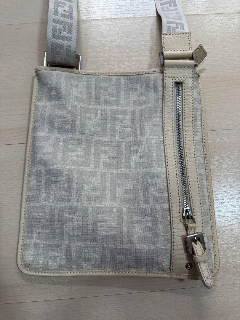 Fendi FF Logo Crossbody Bag (Category: Luxury Bags & Wallets) located in San Juan City. Submitted by ltb168 (Listing ID 1416102124, Image 3). Description: - Fendi crossbody bag - Iconic FF logo pattern - Zip closure - Adjustable shoulder strap - Neutral color palette - White strap and trim - Front zip pocket - Silver-tone hardware.