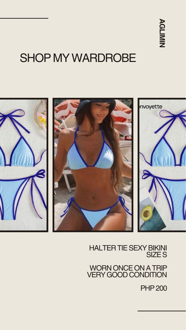 Halter Tie Sexy Bikini - Size S (Category: Bikinis & Swimsuits) located in Mabalacat. Submitted by favewears (Listing ID 1416176768, Image 1). Description: - Light blue halter tie bikini - Size: S - Condition: Worn once, very good - Features tie details for adjustable fit - Ideal for beach getaways.