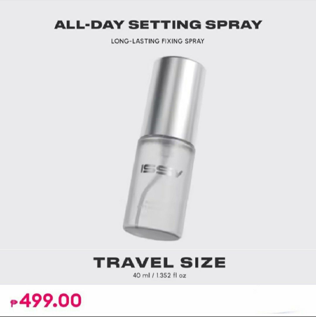 Issy True Flex All Day Setting Spray (Travel Size 40ml) (Category: Makeup) located in Cainta. Submitted by sunnie.side.up (Listing ID 1416021968, Image 1). Description: Issy True Flex All Day Setting Spray •Travel Size (40ml) •brand new, never been used •srp is ₱499 •expiry date is May 2028 🥰 my holy grail setting spray! Rfs: i just bring the full size of this 😅, already have many setting sprays I'm using up.