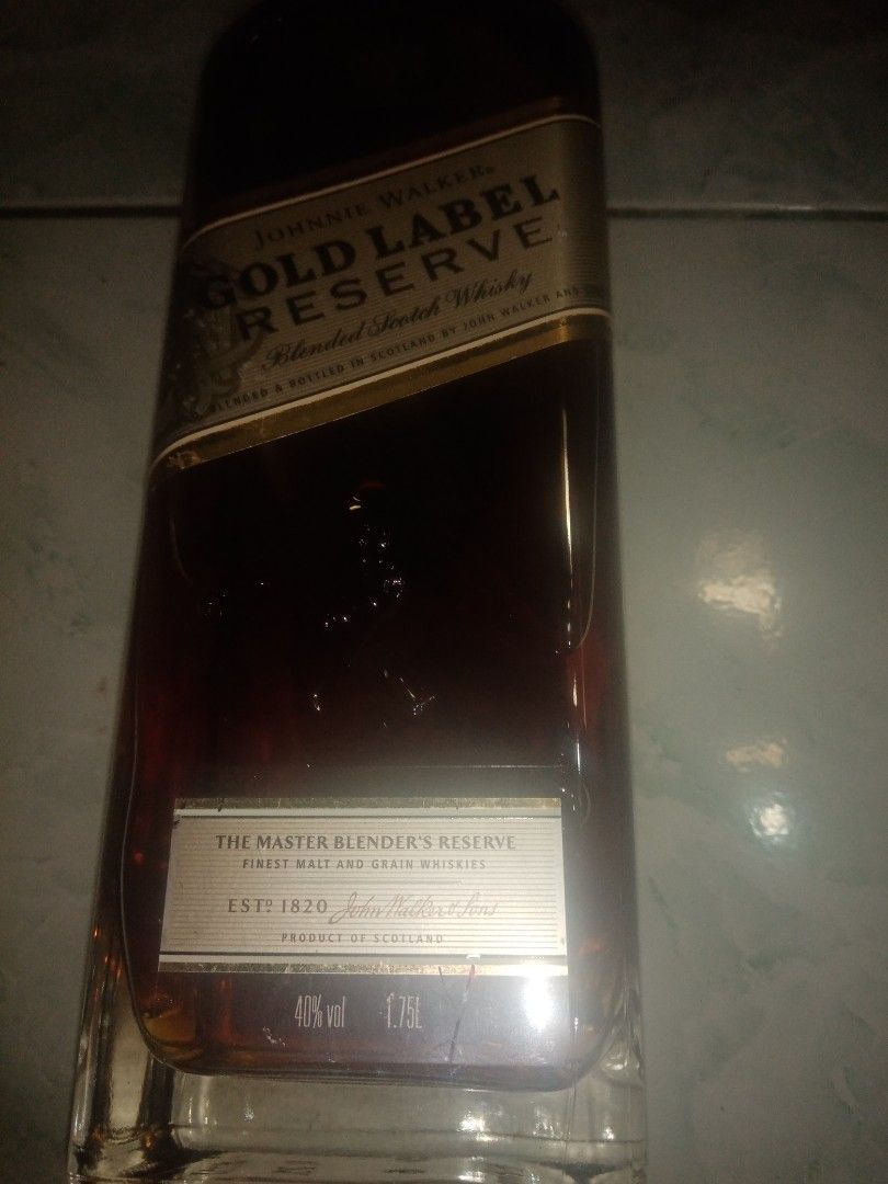 Johnnie Walker Gold Label Reserve 1.75L (Category: Beverages) located in Marikina City. Submitted by rjhay251210 (Listing ID 1416051641, Image 2). Description: Johnnie Walker Gold Label Reserve blended Scotch whisky. The bottle has a gold label and a gold cap. It is a 1.75L bottle. The label says "The Master Blender's Reserve". The alcohol content is 40% ABV..