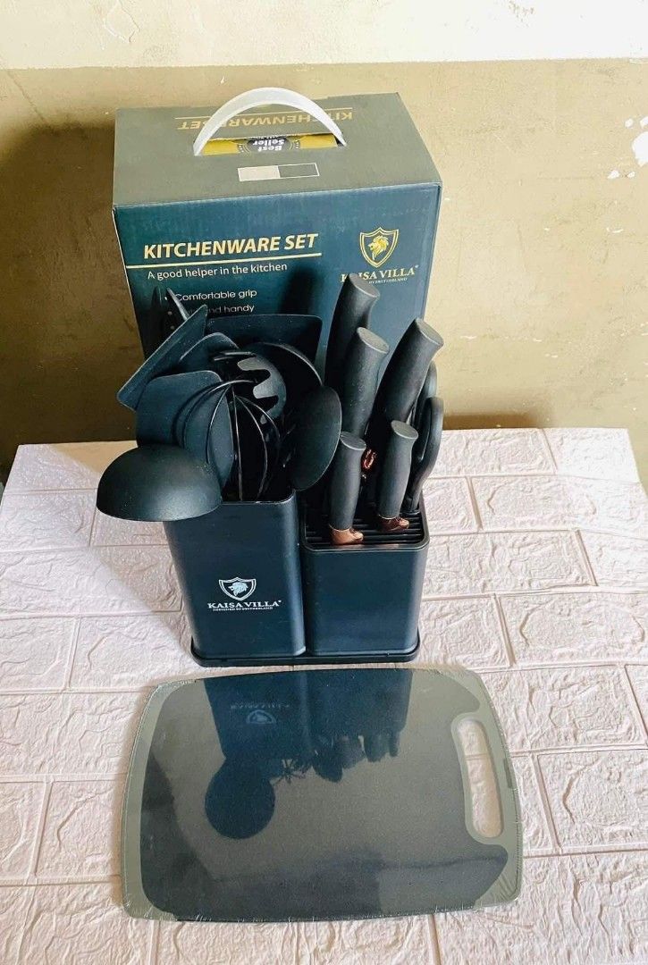 Kaisa Villa Kitchenware Set (Category: Other Kitchenware & Tableware) located in Manila. Submitted by raredeer-4deb4e (Listing ID 1416079741, Image 2). Description: - Kaisa Villa kitchenware set - Includes knives, utensils, cutting board, and storage containers - Available in black and white - Set includes spatulas, spoons, tongs, and a whisk - Ideal for any kitchen.