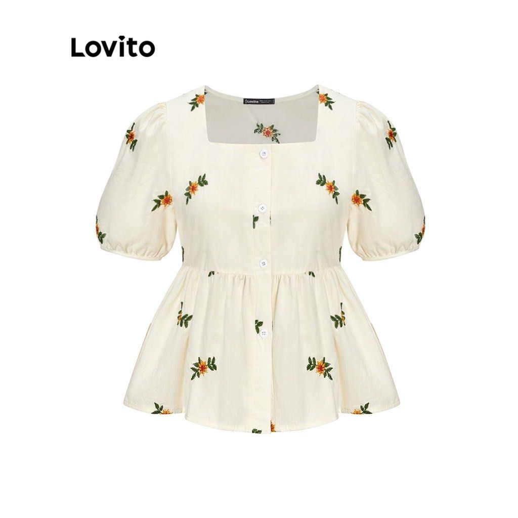 Lovito Embroidered Blouse Size S (Category: Blouses) located in Binan City. Submitted by ard__ (Listing ID 1416103812, Image 1). Description: - Lovito cream blouse - Floral embroidery - Square neckline - Button-down front - Short, puffy sleeves - Peplum hem - Size S (EU 34, US 4) - Made in China.