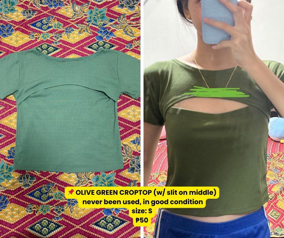 Olive Green Crop Top with Slit - Size S (Category: Others Tops) located in Quezon City. Submitted by yujinify (Listing ID 1416152772, Image 2). Description: - Olive green crop top - Size: Small - Design: Unique slit - Sleeves: Short - Neckline: Round - Material: Ribbed - Style: Casual and stylish.