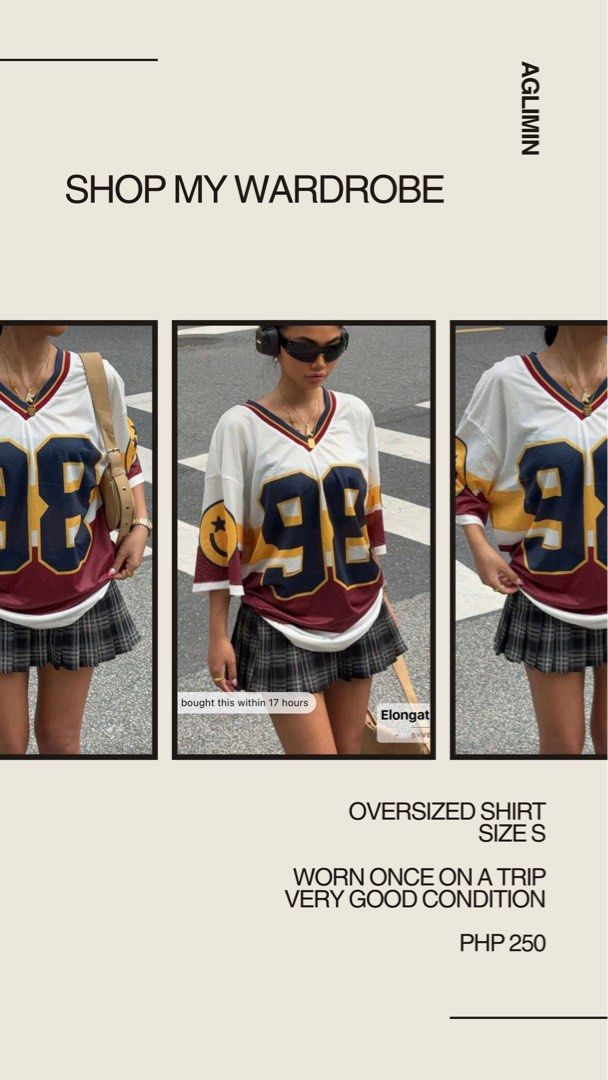Oversized Shirt Size S (Category: Shirts) located in Mabalacat. Submitted by favewears (Listing ID 1416176775, Image 1). Description: - Oversized shirt (Size S) - Color: White base with navy blue and yellow accents - Design: "98" graphic on the front - Style: V-neck.