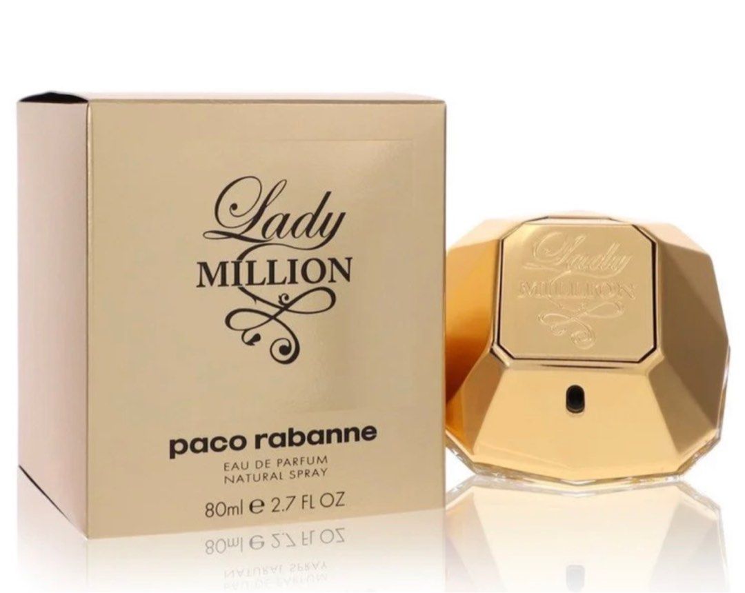 Paco Rabanne Lady Million Eau de Parfum 80ml (Category: Fragrance & Deodorants) located in Caloocan City. Submitted by extiri (Listing ID 1416056598, Image 1). Description: - Authentic Paco Rabanne Lady Million Eau de Parfum - 80ml / 2.7 FL OZ - Gold geometric bottle design - Gold box with Lady Million logo and Paco Rabanne branding - Eau de Parfum Natural Spray - UNSEALED.