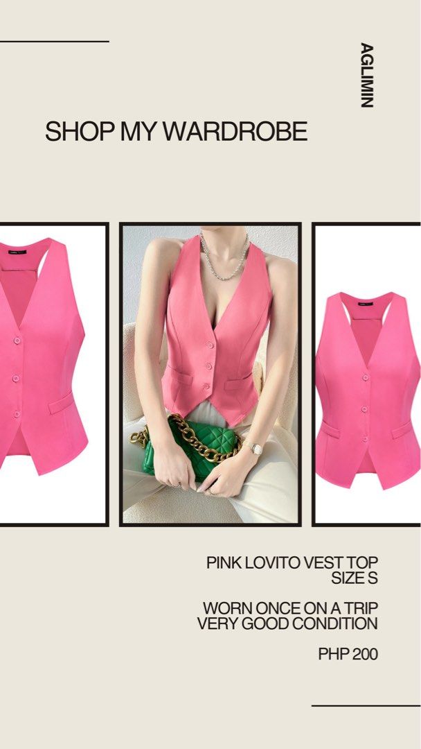 Pink Lovito Vest Top - Size S (Category: Sleeveless) located in Mabalacat. Submitted by favewears (Listing ID 1416176772, Image 1). Description: - Pink Lovito vest top - Size S - Worn once - Features a V-neckline - Button closure - Stylish and versatile - Perfect for layering.
