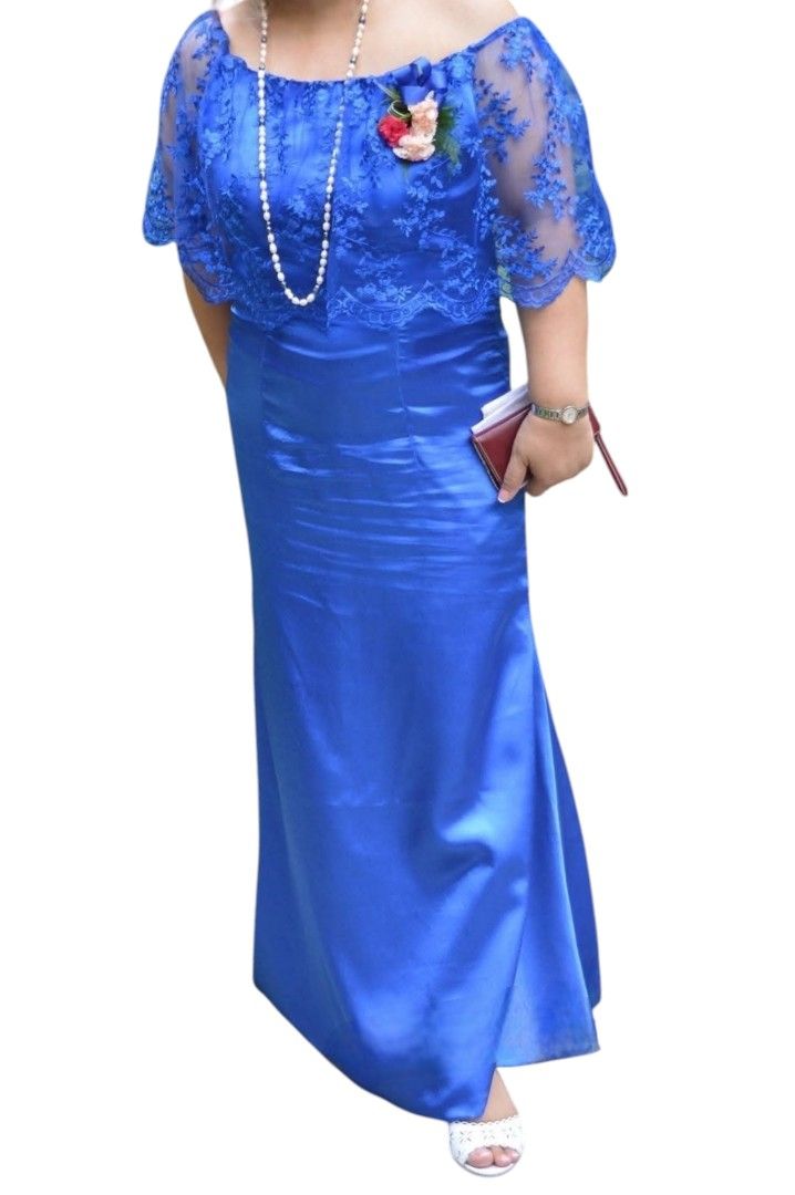 Plus size Royal Blue Off-Shoulder Gown (Category: Evening dresses & gowns) located in Antipolo. Submitted by rielapreloved (Listing ID 1416048687, Image 1). Description: - Royal blue off-shoulder gown - Features a lace bodice - Flowing satin skirt - Mermaid silhouette - Zipper closure at the back - Perfect for formal events and special occasions _ Used only once.
