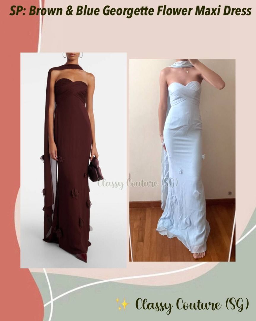 Self Portrait Blue & Brown Georgette Flower Strapless Maxi Dress with  Scarf, Women's Fashion, Dresses & Sets, Dresses on Carousell