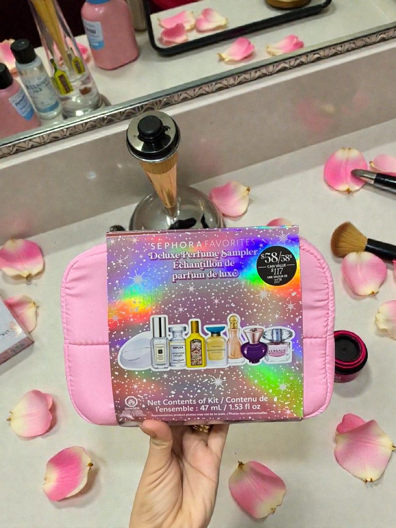 Sephora Favorites Deluxe Perfume Sampler Set (Category: Fragrance & Deodorants) located in Taytay. Submitted by smiggleavenue (Listing ID 1416092800, Image 1). Description: Sephora Favorites Deluxe Perfume Sampler Set includes a variety of luxury perfume samples. The set comes with a pink pouch and contains multiple miniature perfume bottles. The box indicates a total contents of 47 ml / 1.53 fl oz. Brands include Jo Malone and other popular frag