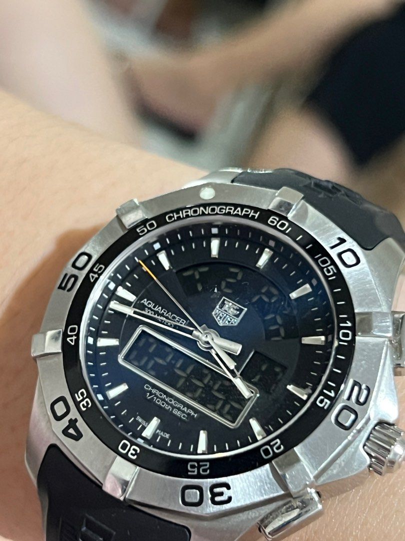 TAG Heuer Aquaracer 300M (Category: Men's Watches) located in Las Pinas. Submitted by peterjackstone (Listing ID 1416096802, Image 2). Description: Movement: Quartz Case Material: steel Aquaracer 300M Chronotimer 43 Stainless Steel / Black / Rubber Glass: Sapphire Back: Closed Shape: Round Diameter: 43.00 mm Lug Width: 21.00 mm W/R: 300.00 m NO BOX.