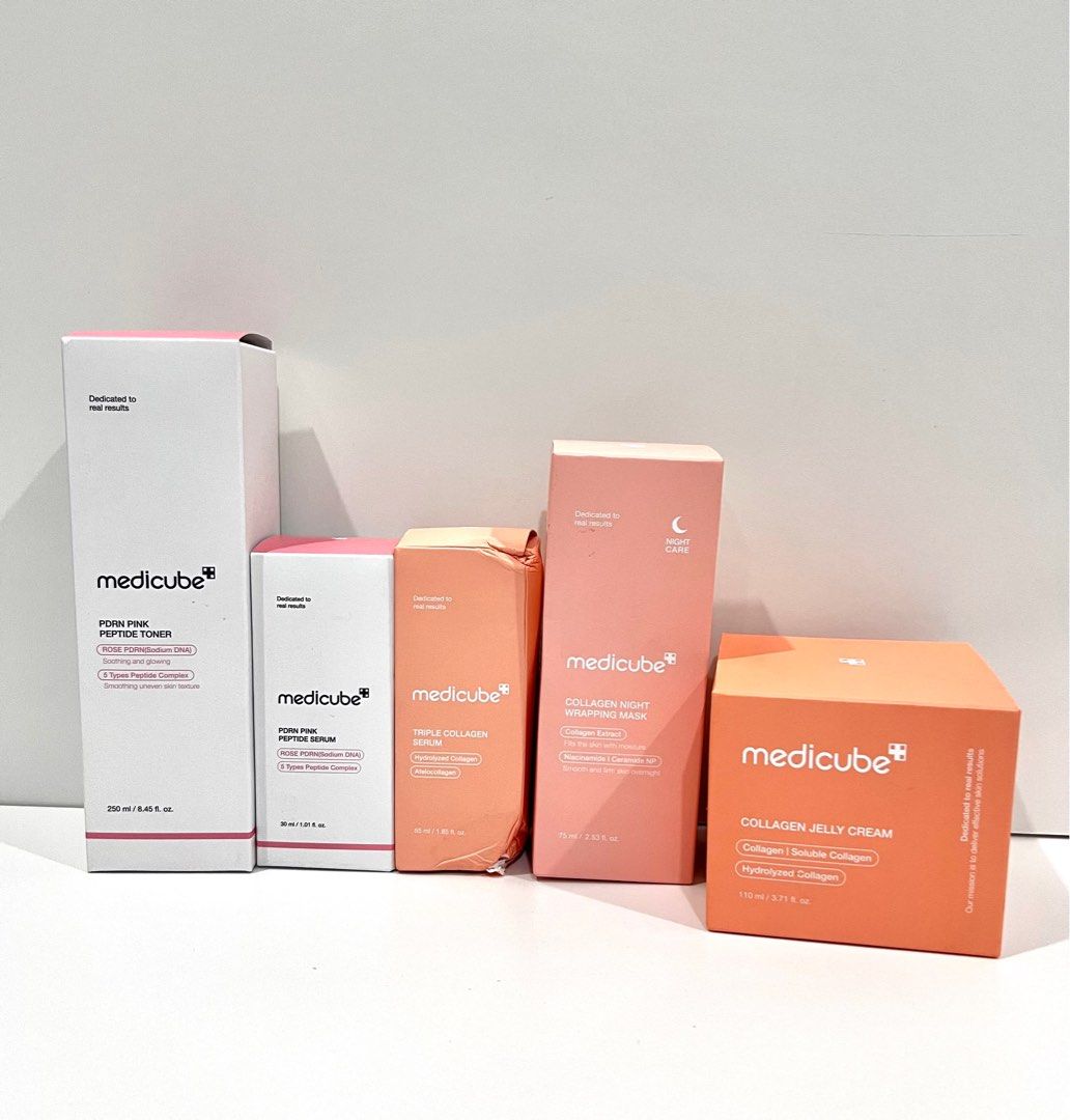 Take All Medicube Skincare Set (Category: Face Care) located in Cebu City. Submitted by roselle.gallinero (Listing ID 1416168707, Image 1). Description: MEDICUBE PINK LINE 1. Medicube PDRN Pink Peptide Toner - ₱999 (Orig Price: ₱1,559) 2. Medicube PDRN Pink Peptide Serum - ₱599 (Orig Price: ₱760) 3. Medicube Triple Collagen Serum - ₱800 (Orig Price: ₱1,313) 4. Medicube Collagen Night Wrapping Mask - ₱999 (Orig Price: ₱1,549) 5. Medicube Collagen 