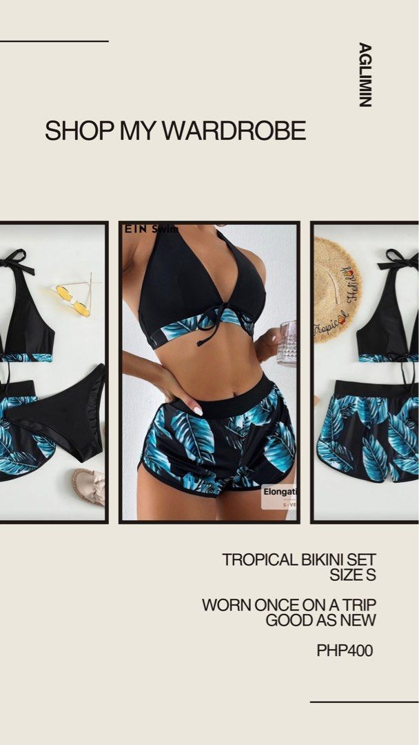 Tropical Bikini Summer Swimsuit Set - Size S (Category: Bikinis & Swimsuits) located in Mabalacat. Submitted by favewears (Listing ID 1416176780, Image 1). Description: - Size S bikini set - Includes a black halter top and matching shorts - Features a vibrant blue leaf pattern - Worn only once.
