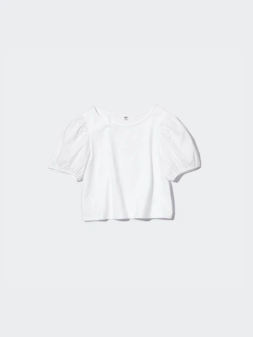 Uniqlo White Puff Sleeve Top (Category: Blouses) located in Binan City. Submitted by ard__ (Listing ID 1416105225, Image 1). Description: - Uniqlo white top - Puff sleeves - Round neckline - Size S - Made in Vietnam.