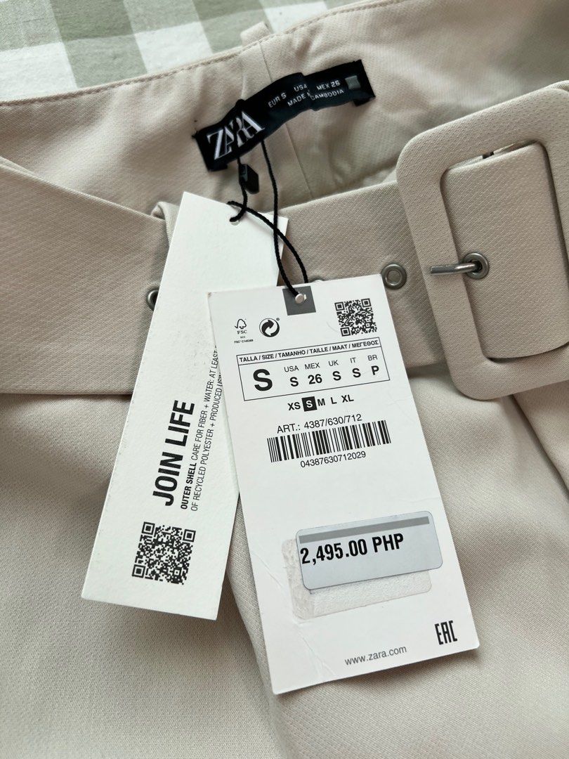 Zara Trousers with Lined Belt - Ecru (Category: Other Bottoms) located in Marikina City. Submitted by plune (Listing ID 1416041173, Image 3). Description: Zara ecru trousers, size S. High waist, straight leg, and lined belt. With minor stains from storage..