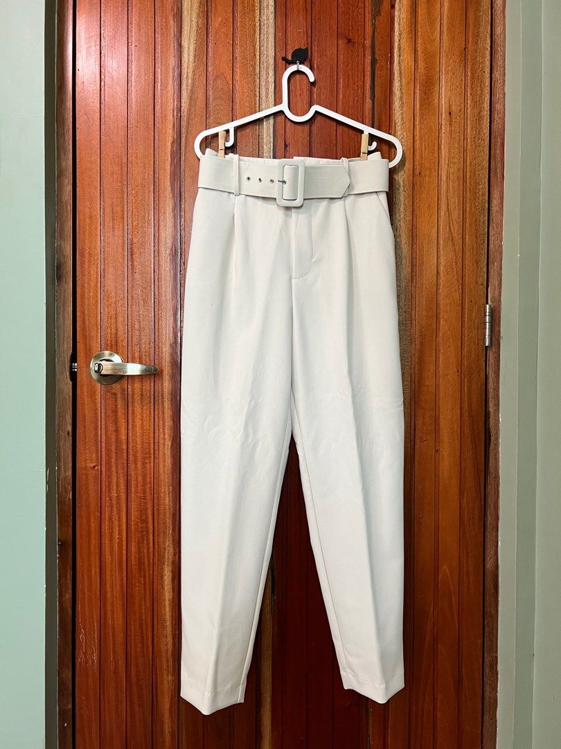 Zara Trousers with Lined Belt - Ecru (Category: Other Bottoms) located in Marikina City. Submitted by plune (Listing ID 1416041173, Image 1). Description: Zara ecru trousers, size S. High waist, straight leg, and lined belt. With minor stains from storage..